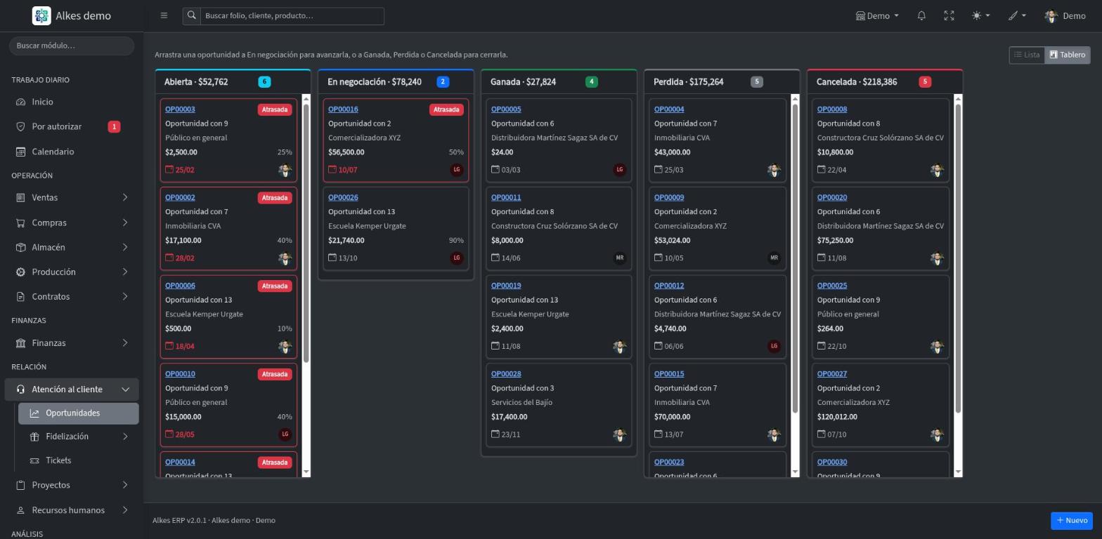 Tablero de oportunidades de Alkes ERP por etapa