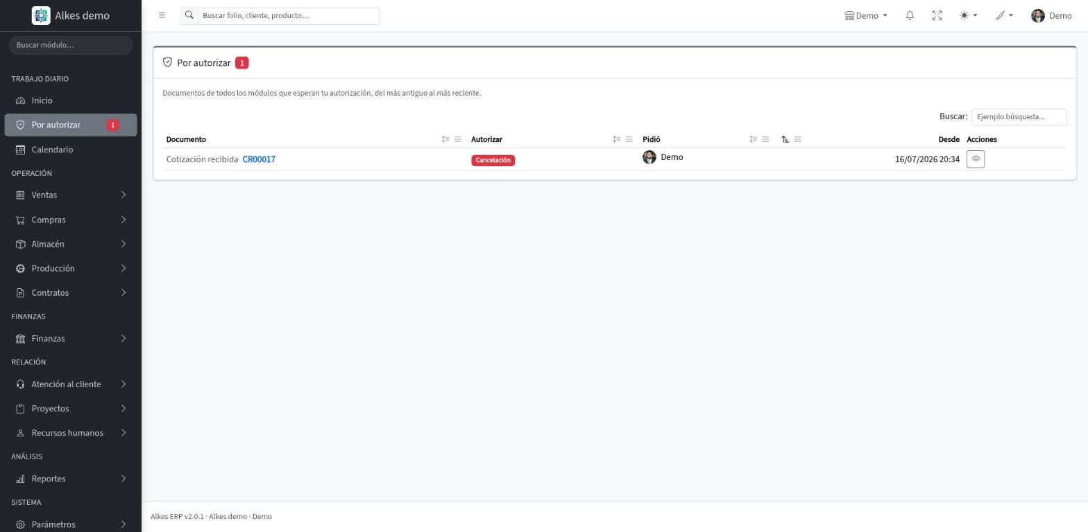 Bandeja Por autorizar de Alkes ERP con los documentos pendientes