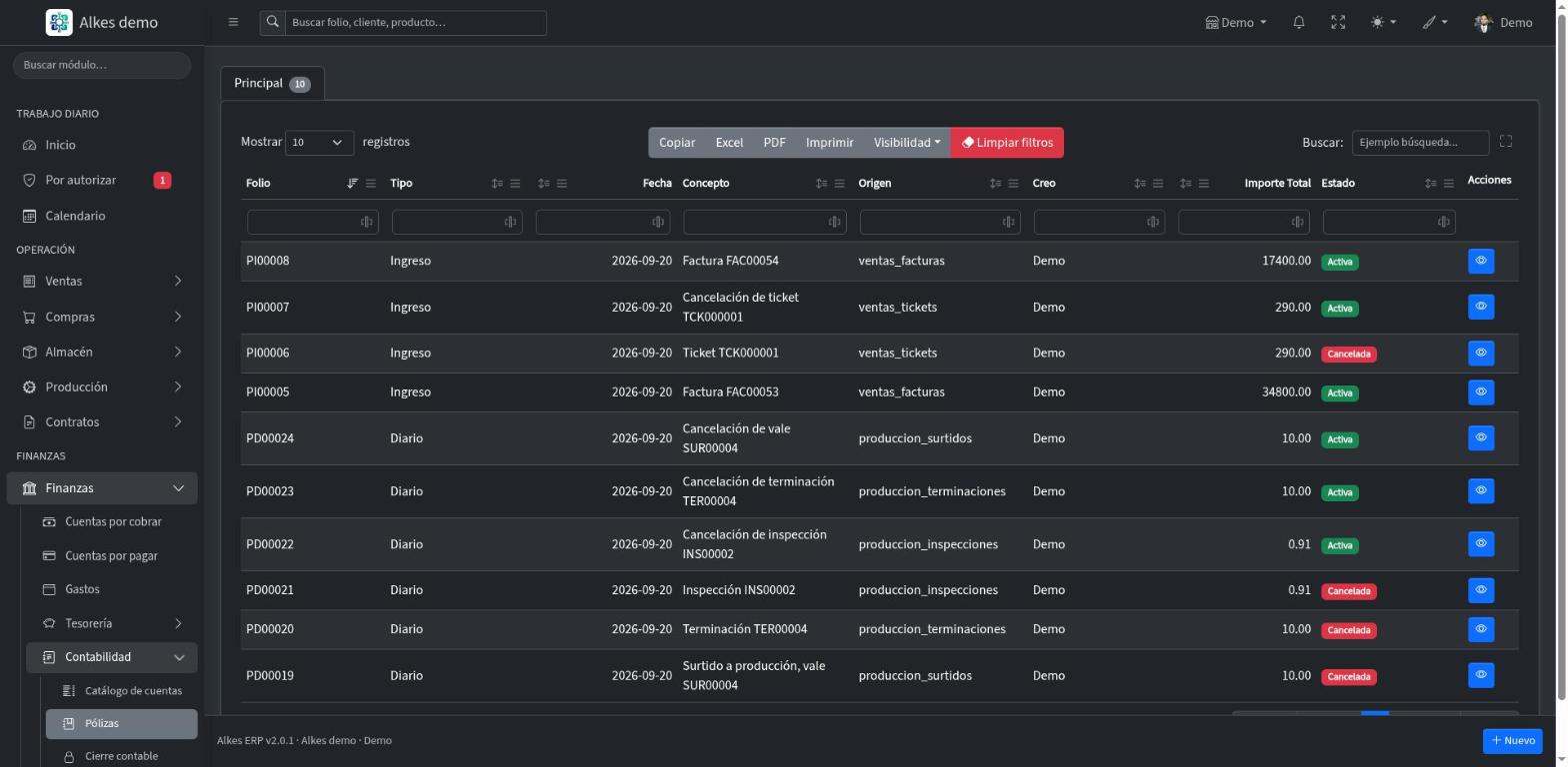 Pólizas contables de Alkes ERP