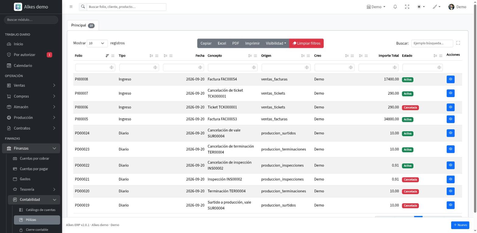Pólizas contables de Alkes ERP